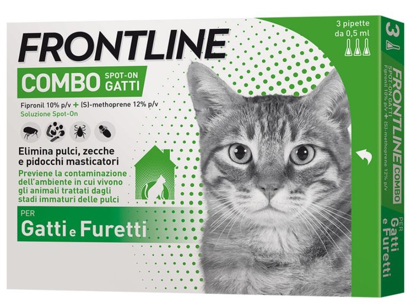 Frontline combo spot on antiparassitario - 3 pipette da 0,5 millilitri per gatti adulti e furetti